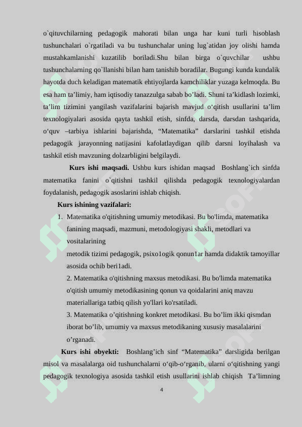 BOSHLANG`ICH SINFLARDA MATEMATIKADAN O`QITISHNI TASHKIL QILISHNING DARSDAN TASHQARI SHAKLLARI 4