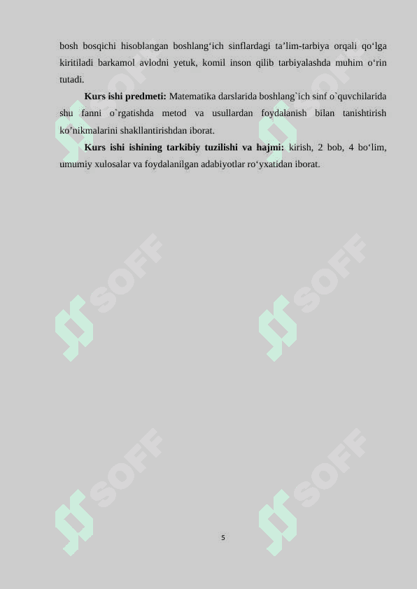 BOSHLANG`ICH SINFLARDA MATEMATIKADAN O`QITISHNI TASHKIL QILISHNING DARSDAN TASHQARI SHAKLLARI 5