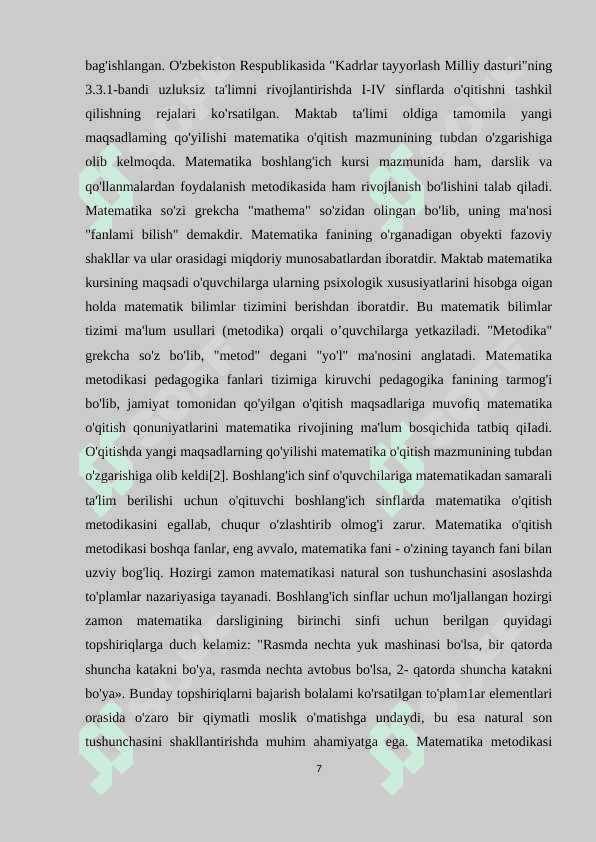 BOSHLANG`ICH SINFLARDA MATEMATIKADAN O`QITISHNI TASHKIL QILISHNING DARSDAN TASHQARI SHAKLLARI 7