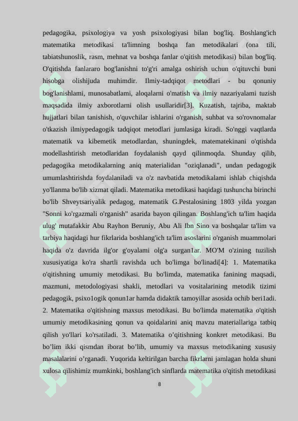 BOSHLANG`ICH SINFLARDA MATEMATIKADAN O`QITISHNI TASHKIL QILISHNING DARSDAN TASHQARI SHAKLLARI 8