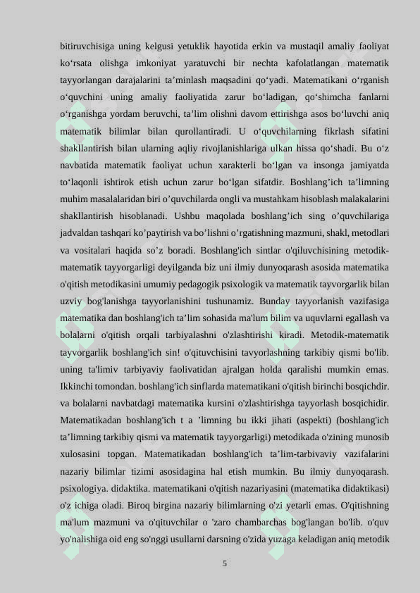 BOSHLANG‘ICH SINF O‘QUVCHILARIGA MATEMATIKA FANIDAN KO‘PAYTIRISH VA BO‘LISH ARIFMETIK AMALLARINI O‘RGATISH 5
