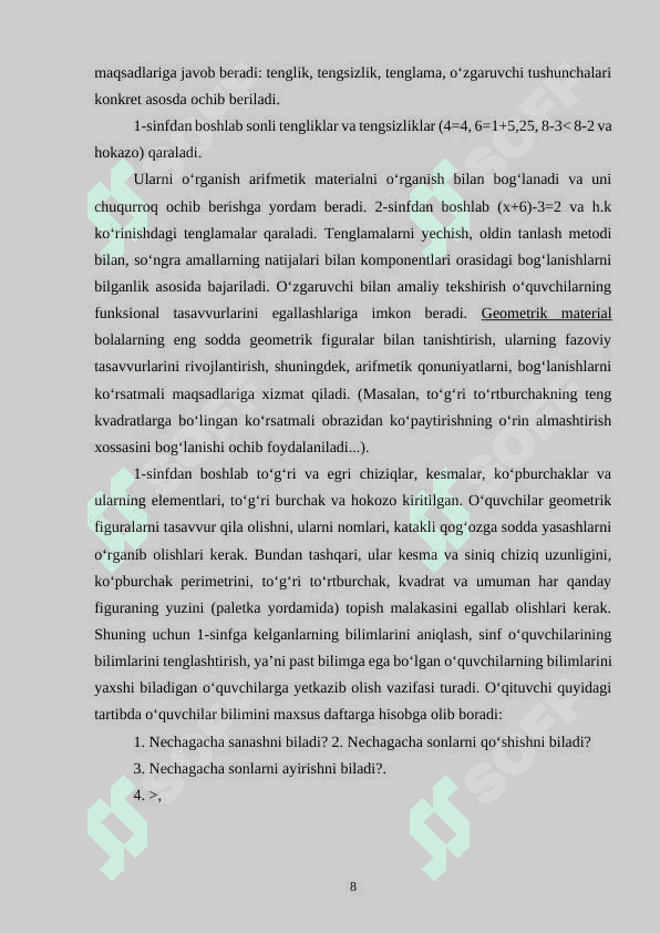 BOSHLANG‘ICH SINF O‘QUVCHILARIGA MATEMATIKA FANIDAN KO‘PAYTIRISH VA BO‘LISH ARIFMETIK AMALLARINI O‘RGATISH 8