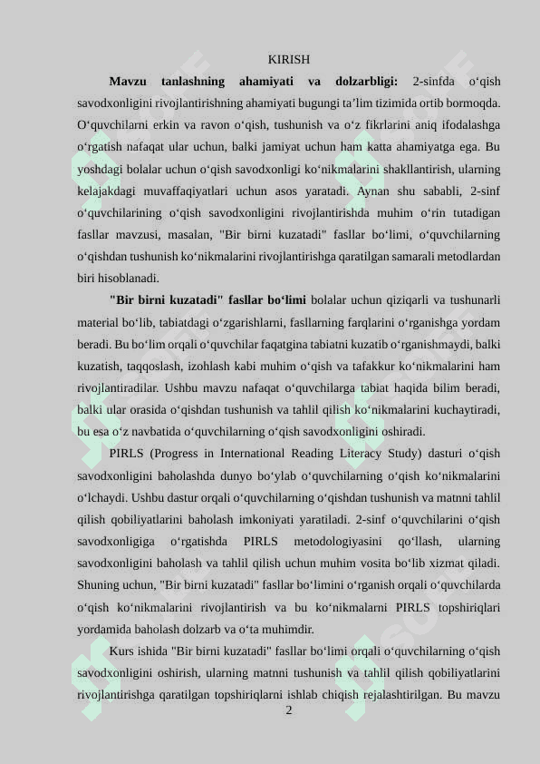 -sinf Òqish savodxonligidagi Bir birni kuzatadi fasllar bòlimini òrganish bòyicha PIRLS topshiriqlari 2
