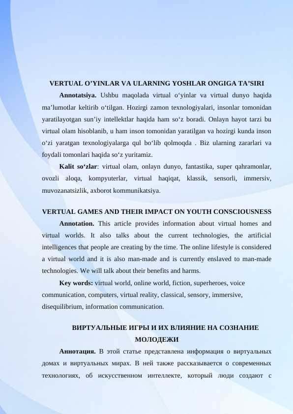 Vertual o'yinlar va ularning yoshlar ongiga ta'siri