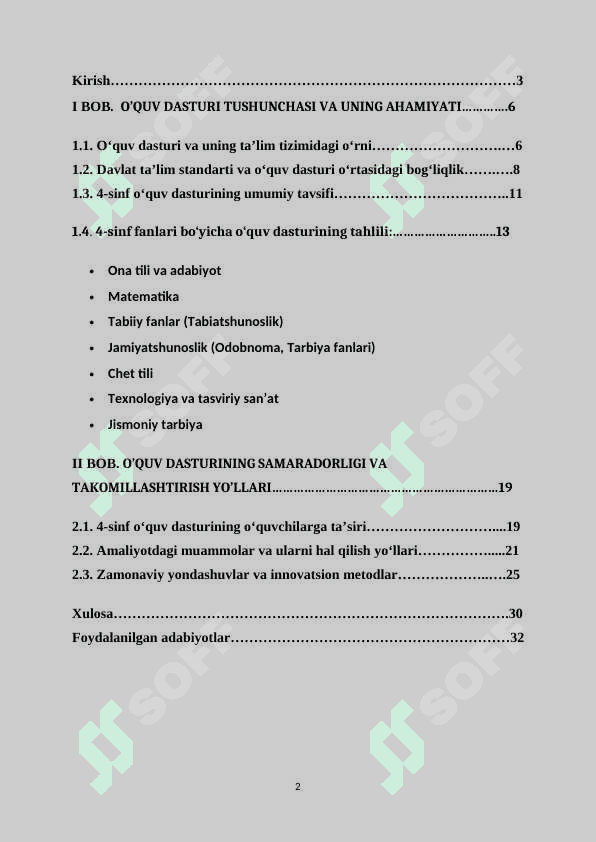 O‘QUV DASTURI TAHLILI. (4-SINF KESIMIDA) 2