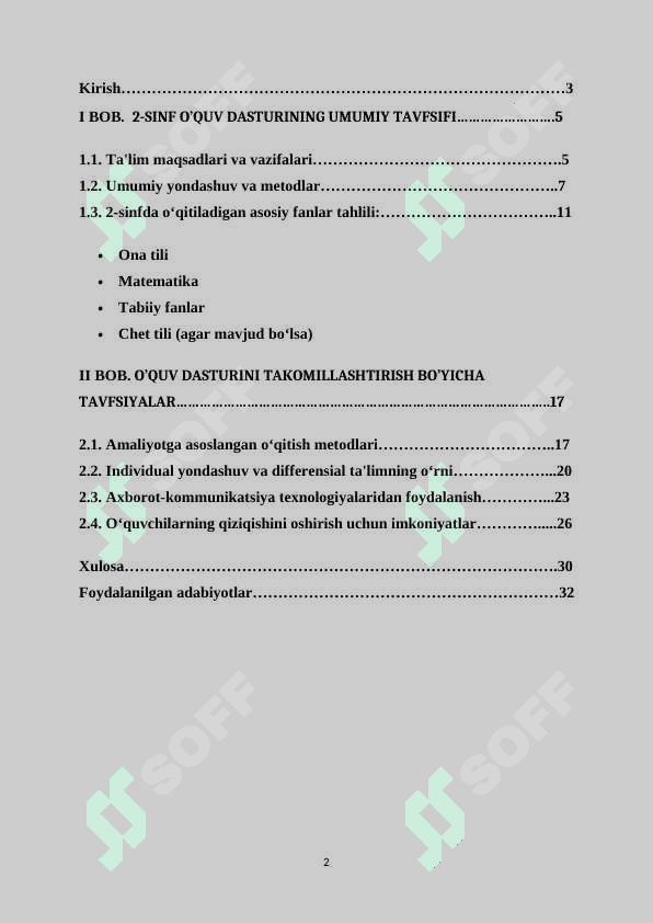 O‘QUV DASTURI TAHLILI. (2-SINF KESIMIDA) 2