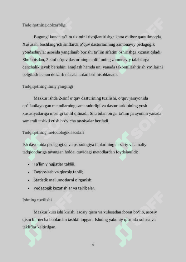 O‘QUV DASTURI TAHLILI. (2-SINF KESIMIDA) 4