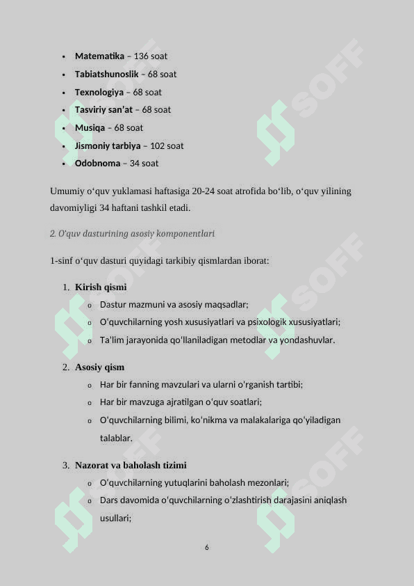 O‘QUV DASTURI TAHLILI. (1-SINF KESIMIDA) 6