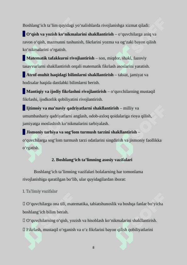 O‘QUV DASTURI TAHLILI. (1-SINF KESIMIDA) 8