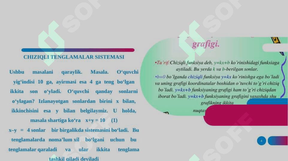 Ikki o’zgaruvchili tenglamalar sistemasini yechishning qo’shish, O’rniga qo’yish va grafik usullar 4