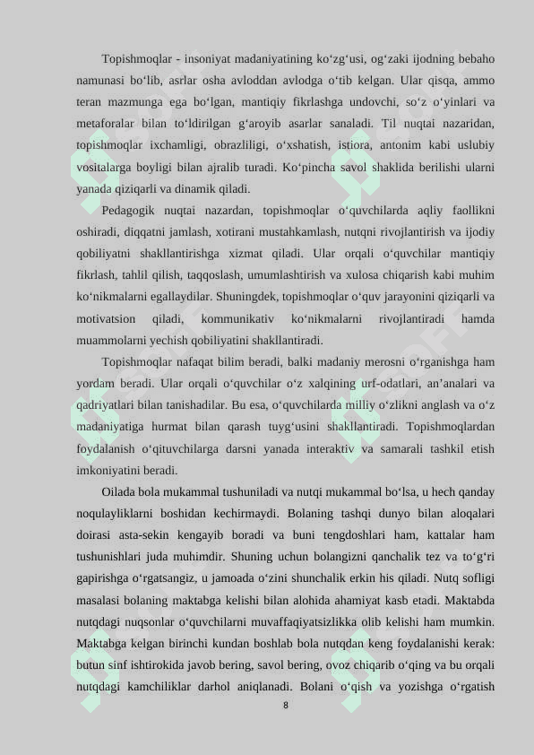 Boshlang‘ich sinf o’qish savodxonligi darslarida topishmoq matni ustida ishlash metodikasi 8