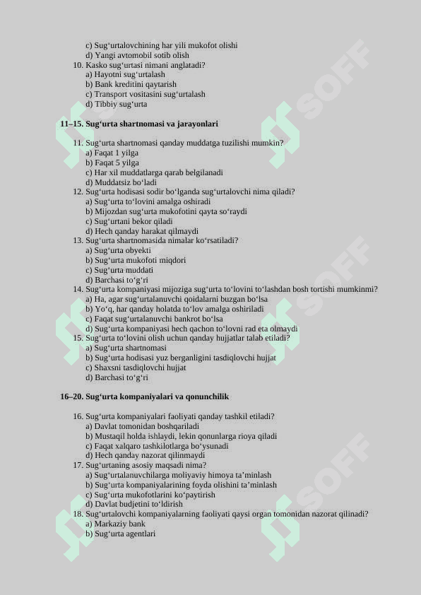 Sug‘urta bo‘yicha test savollari 2