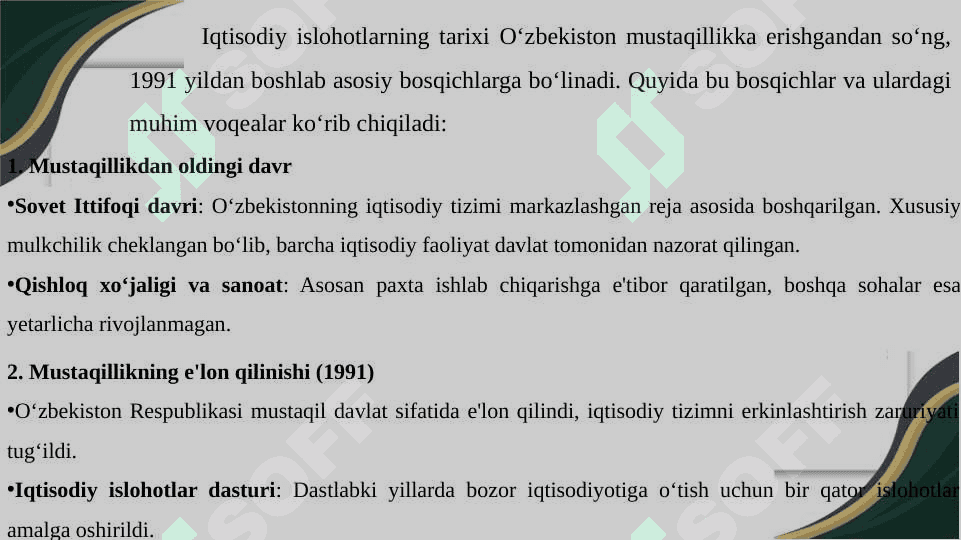 Iqtisodiy islohotlar, xususiy mulkchilikning shakllanishi. О‘zbekistonda bozor munosabatlarining rivojlanishi 3