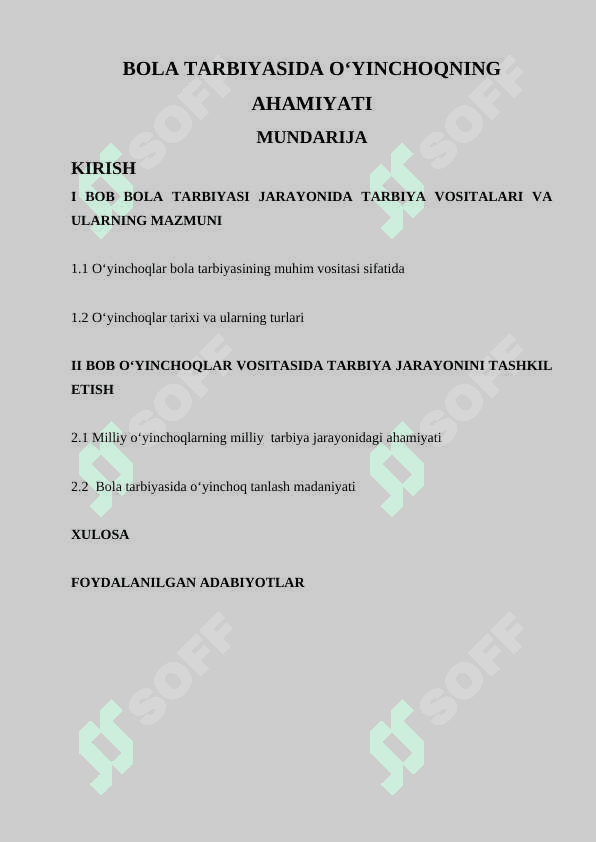 BOLA TARBIYASIDA O‘YINCHOQNING AHAMIYATI. Kurs ishi 3