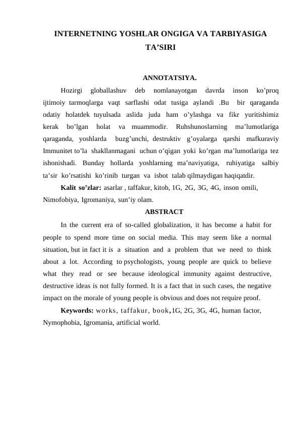 Internetning yoshlar ongiga va tarbiyasiga tasiri 1