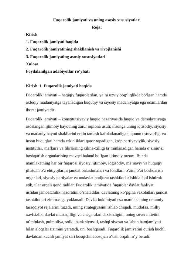 Fuqarolik jamiyati va uning asosiy xususiyatlari