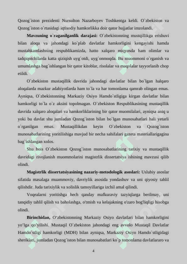 Mustaqil O’zbekistonning Markaziy Osiyo davlatlari bilan hamkorligi 4