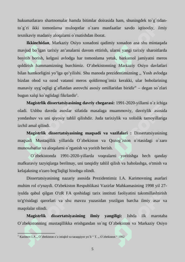 Mustaqil O’zbekistonning Markaziy Osiyo davlatlari bilan hamkorligi 5