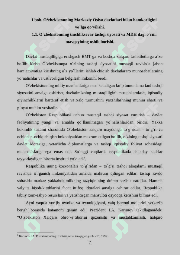 Mustaqil O’zbekistonning Markaziy Osiyo davlatlari bilan hamkorligi 7