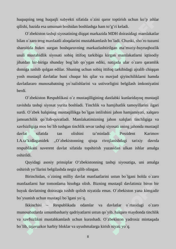 Mustaqil O’zbekistonning Markaziy Osiyo davlatlari bilan hamkorligi 8