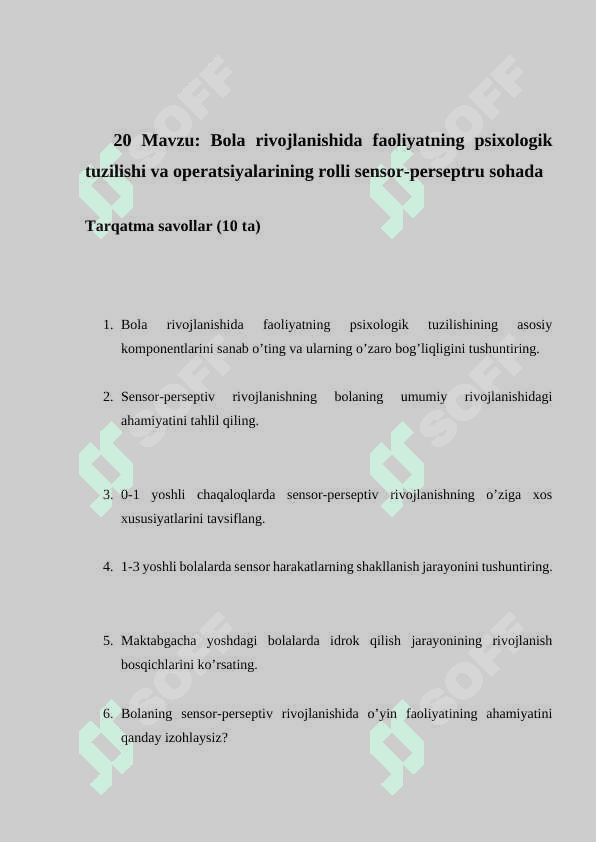 Bola rivojlanishida faoliyatning psixologik tuzilishi va operatsiyalarining rolli sensor-perseptru sohada

Torqatma savollar tuzish 2