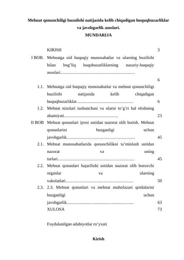 Mehnat qonunchiligi buzulishi natijasida kelib chiqadigan huquqbuzarliklar va javobgarlik asoslari