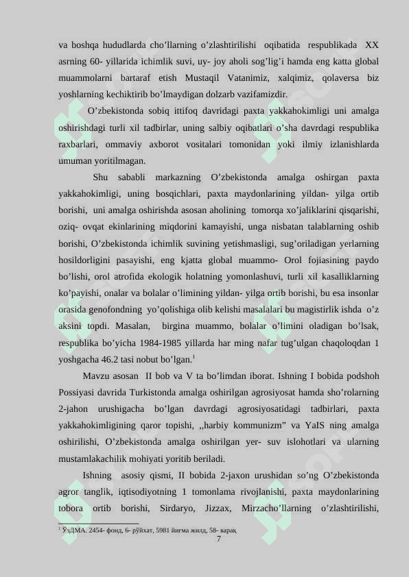 XX asrning 60-70 yillarida O’zbekistonda paxta  yakkahokimligining kuchayishi va uning  salbiy oqibatlari 7