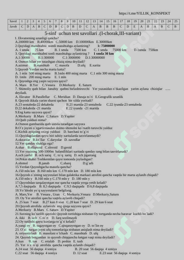 5 - sinflar uchun geografiya fanidan barcha choraklar uchun testlar bazasi 3
