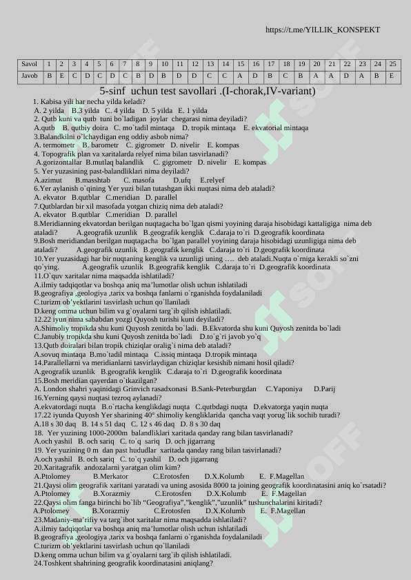 5 - sinflar uchun geografiya fanidan barcha choraklar uchun testlar bazasi 4