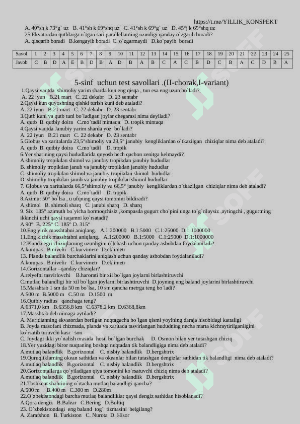 5 - sinflar uchun geografiya fanidan barcha choraklar uchun testlar bazasi 5