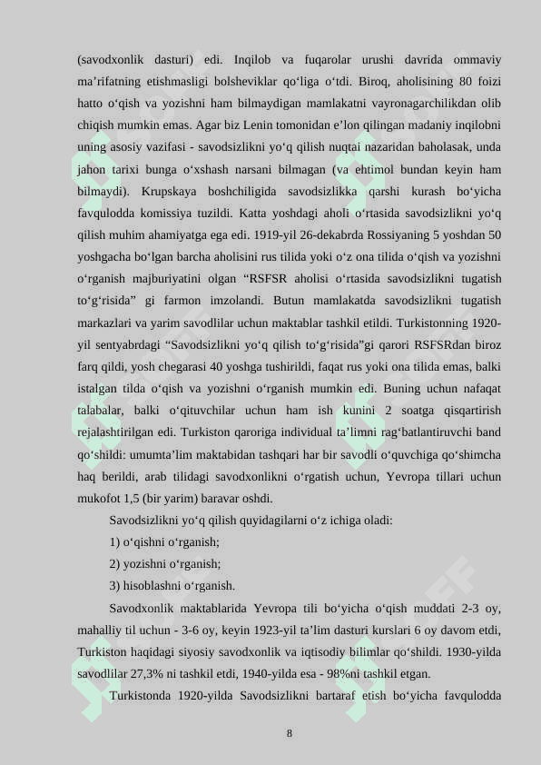 OʻZBEKISTON SOVET HUKMRONLIGI DAVRIDA XALQ TA’LIMI MUASSASALARI TARIXI 8