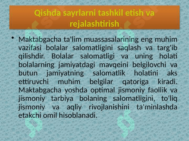 Qishki manzara, qorning xususiyati haqida suhbat o‘tkazish. Qishki o‘yinlarni tashkil etish. 4