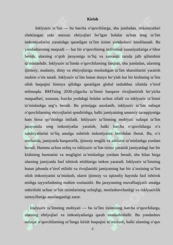Inklyuziv taʼlimning butun jahonda eʼtirof etilishining mohiyati va bu taʼlim tizimining hamma uchun ochiqligi M.docx 2