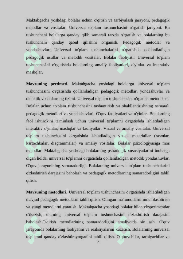 Maktabgacha katta yoshdagi bolalarni universal to'plam haqida tushunchalarini shakillantirish metodikasi 7