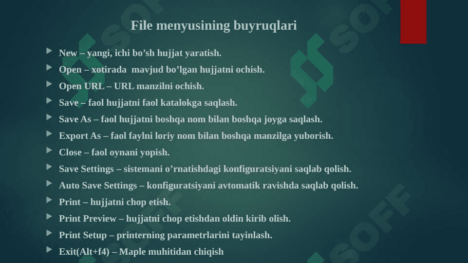 Maple paketining asosiy maqsadi va uning imkoniyatlari. Maple paketining kutubxonalari. Hyperlinks,	Object, Entry Mode,	Split or Join,	Split Execution Group, 	Join Execution Group, 	Split Section, Join Section,	Execute, Selection, Worksheet funksiyalari. 3