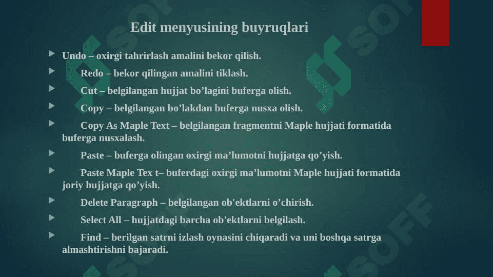 Maple paketining asosiy maqsadi va uning imkoniyatlari. Maple paketining kutubxonalari. Hyperlinks,	Object, Entry Mode,	Split or Join,	Split Execution Group, 	Join Execution Group, 	Split Section, Join Section,	Execute, Selection, Worksheet funksiyalari. 4