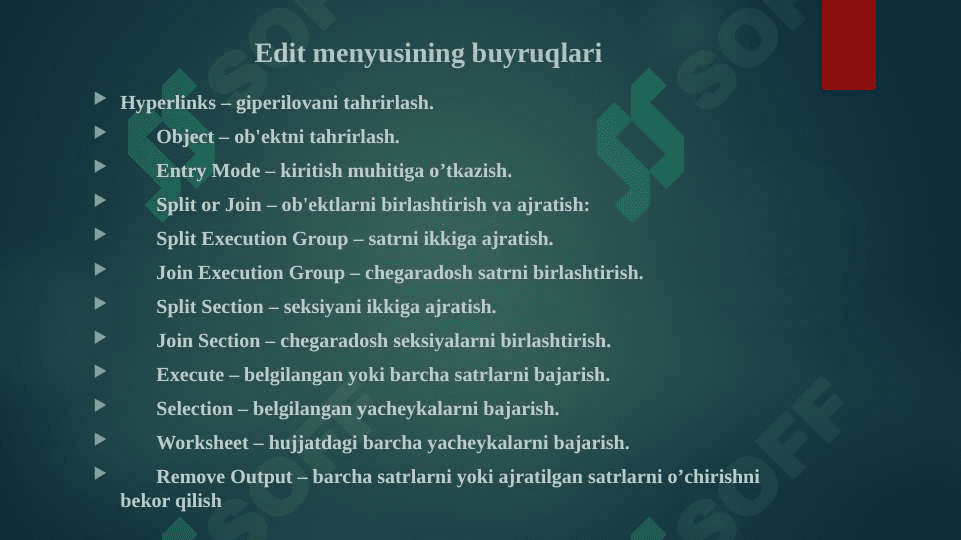 Maple paketining asosiy maqsadi va uning imkoniyatlari. Maple paketining kutubxonalari. Hyperlinks,	Object, Entry Mode,	Split or Join,	Split Execution Group, 	Join Execution Group, 	Split Section, Join Section,	Execute, Selection, Worksheet funksiyalari. 5