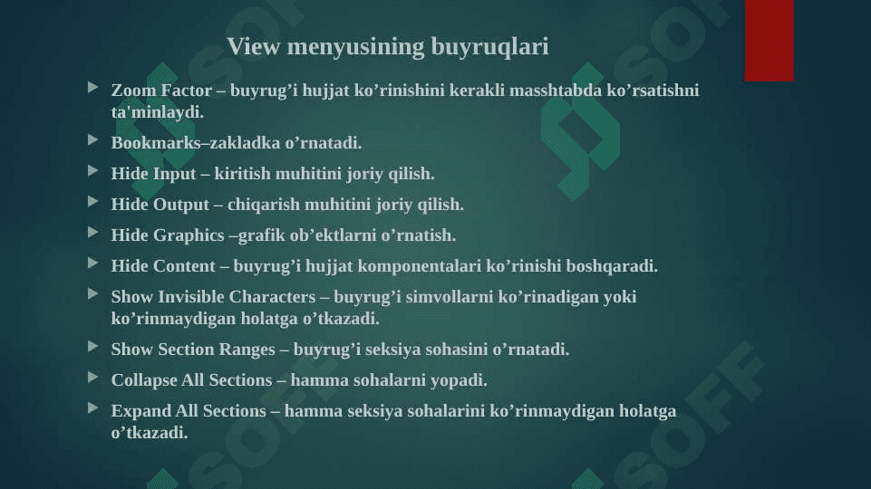 Maple paketining asosiy maqsadi va uning imkoniyatlari. Maple paketining kutubxonalari. Hyperlinks,	Object, Entry Mode,	Split or Join,	Split Execution Group, 	Join Execution Group, 	Split Section, Join Section,	Execute, Selection, Worksheet funksiyalari. 7