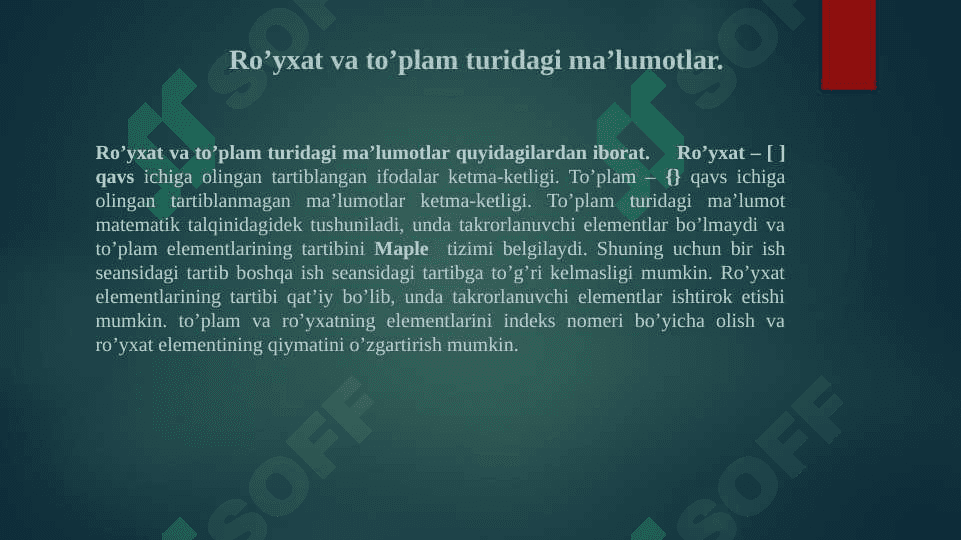 Matematik paketlarda matematik ifodalarni dasturlash, Ro’yxat, to’plam, massiv va uning elementlari. Maple dasturida Linalg paketida vektorlar va matritsalar ustida amallar va statistik kutubxonalardan foydalanish asosida amaliy dasturlar yaratish 2