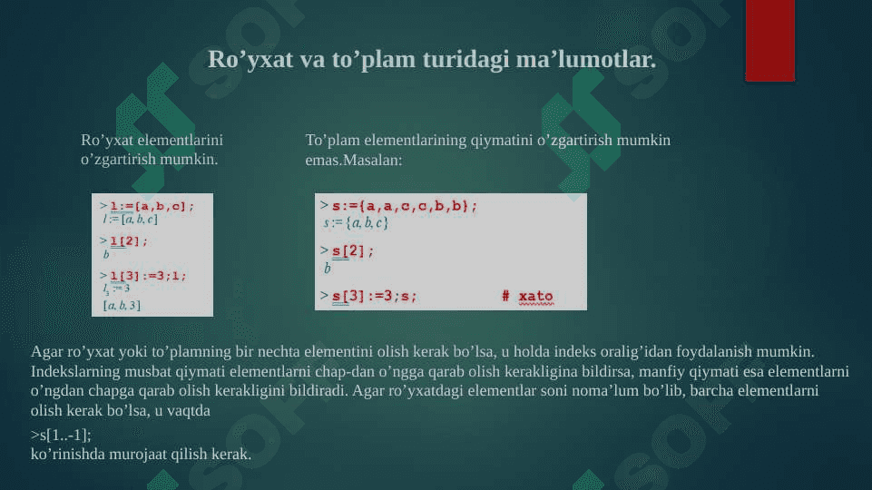 Matematik paketlarda matematik ifodalarni dasturlash, Ro’yxat, to’plam, massiv va uning elementlari. Maple dasturida Linalg paketida vektorlar va matritsalar ustida amallar va statistik kutubxonalardan foydalanish asosida amaliy dasturlar yaratish 3