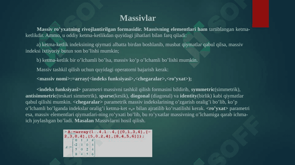 Matematik paketlarda matematik ifodalarni dasturlash, Ro’yxat, to’plam, massiv va uning elementlari. Maple dasturida Linalg paketida vektorlar va matritsalar ustida amallar va statistik kutubxonalardan foydalanish asosida amaliy dasturlar yaratish 4