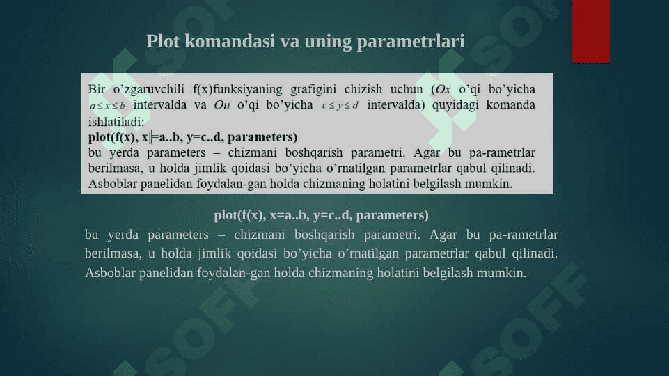 Matematik paketlarda grafiklar bilan ishlash, Maple dasturida grafik ma’lumotlarni tasvirlash usullar. Mapleda 2 o’lchamli grafiklarni tasvirlash. Plot kutubxonasining asosiy funksiyalari. 2