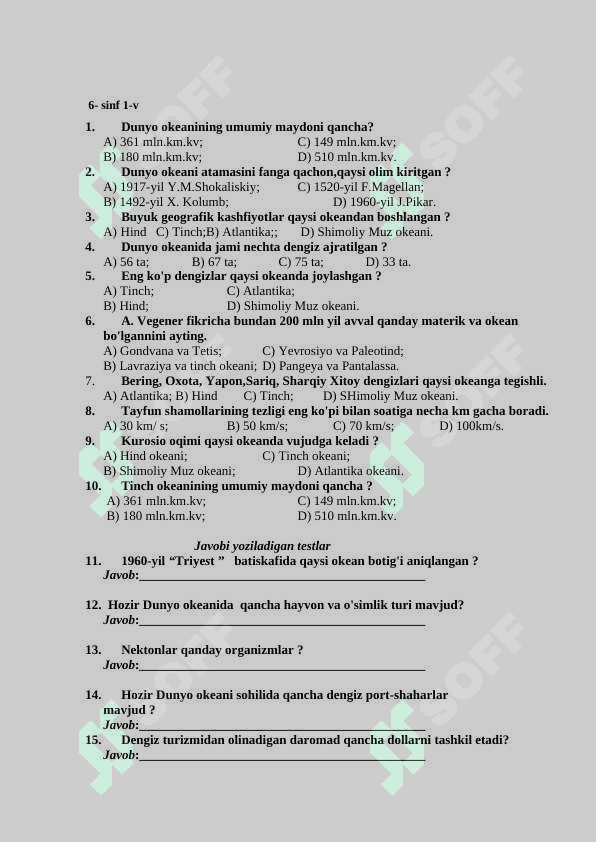 geografiya fanidan testlar to'plami 4
