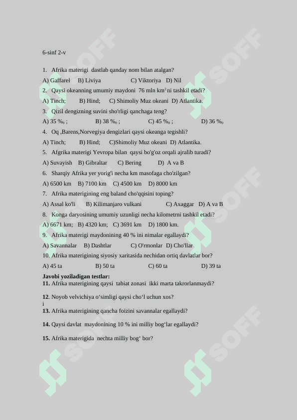 geografiya fanidan testlar to'plami 6