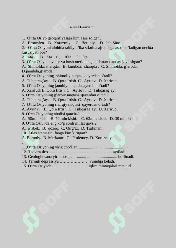geografiya fanidan testlar to'plami 8