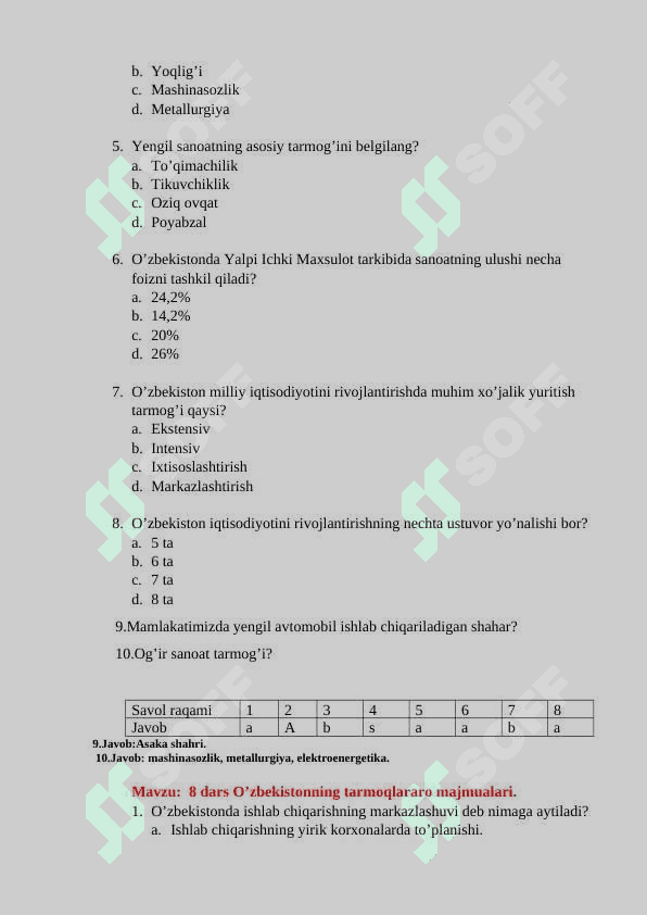 8 - sinf geografiya mavzulashitirlgan test 8