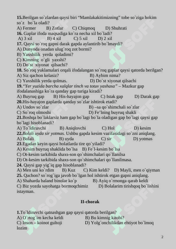 5,6,7,8,9 Sinflar uchun 4 ta chorak lar uchun testlar Ona tili fanidan 2