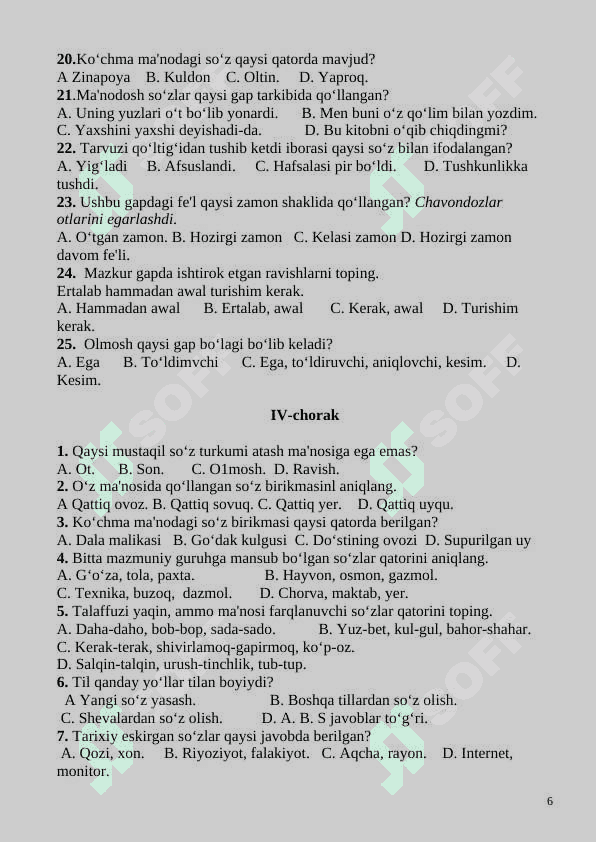 5,6,7,8,9 Sinflar uchun 4 ta chorak lar uchun testlar Ona tili fanidan 6