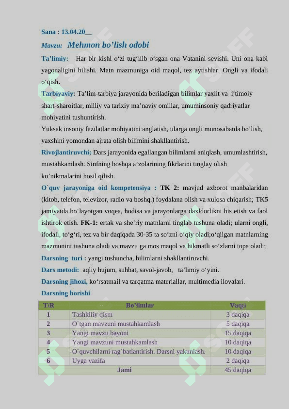 1-sinf ONA TILI VA O’QISH SAVODXONLIGI fanidan dars ishlanma 2