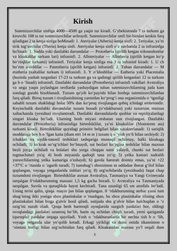 Tuxum qo’yuvchi sutemizuvchilarning hayoti 2